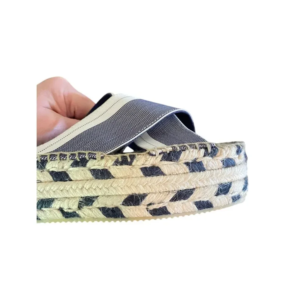 Woven Navy Cream Slip-On Espadrille Jute Platform Sandals Size 7